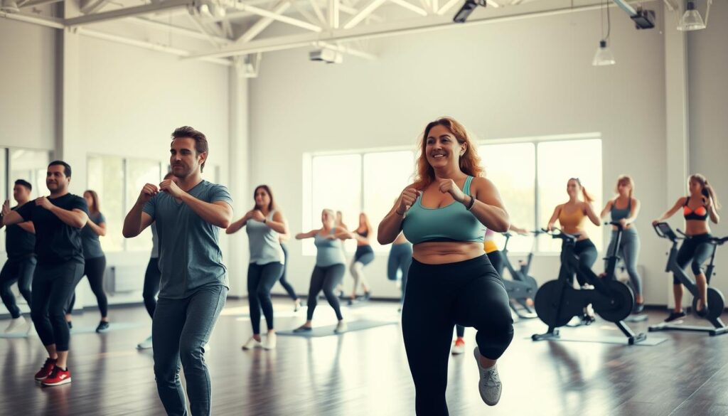 A large, airy fitness studio with a diverse array of people engaged in various group workout activities. In the foreground, a group of individuals are performing high-intensity interval training, their faces determined as they push themselves. In the middle ground, a yoga class is underway, the participants gracefully maintaining their poses. Further back, a spinning class is in full motion, the rhythmic pedaling accompanied by pulsing music. Soft, natural lighting filters in from the windows, casting a warm, energetic glow over the scene. The atmosphere is one of inclusivity and empowerment, with people of all ages, body types, and fitness levels working together towards their wellness goals. A large, airy fitness studio with a diverse array of people engaged in various group workout activities. In the foreground, a group of individuals are performing high-intensity interval training, their faces determined as they push themselves. In the middle ground, a yoga class is underway, the participants gracefully maintaining their poses. Further back, a spinning class is in full motion, the rhythmic pedaling accompanied by pulsing music. Soft, natural lighting filters in from the windows, casting a warm, energetic glow over the scene. The atmosphere is one of inclusivity and empowerment, with people of all ages, body types, and fitness levels working together towards their wellness goals.