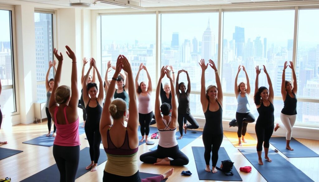 A diverse group of yoga practitioners in a New York City studio enjoying their practice