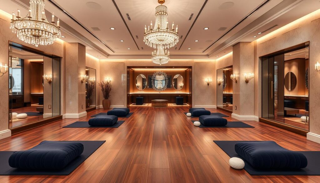 A luxury yoga studio in New York City with high-end amenities and elegant design