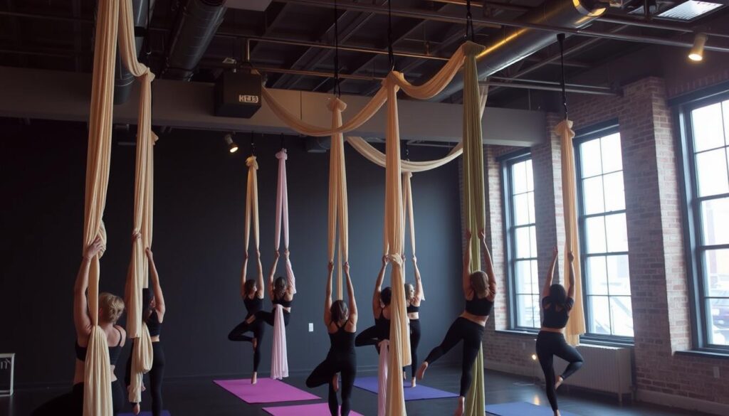 An innovative yoga class in New York City featuring aerial yoga silks and creative poses