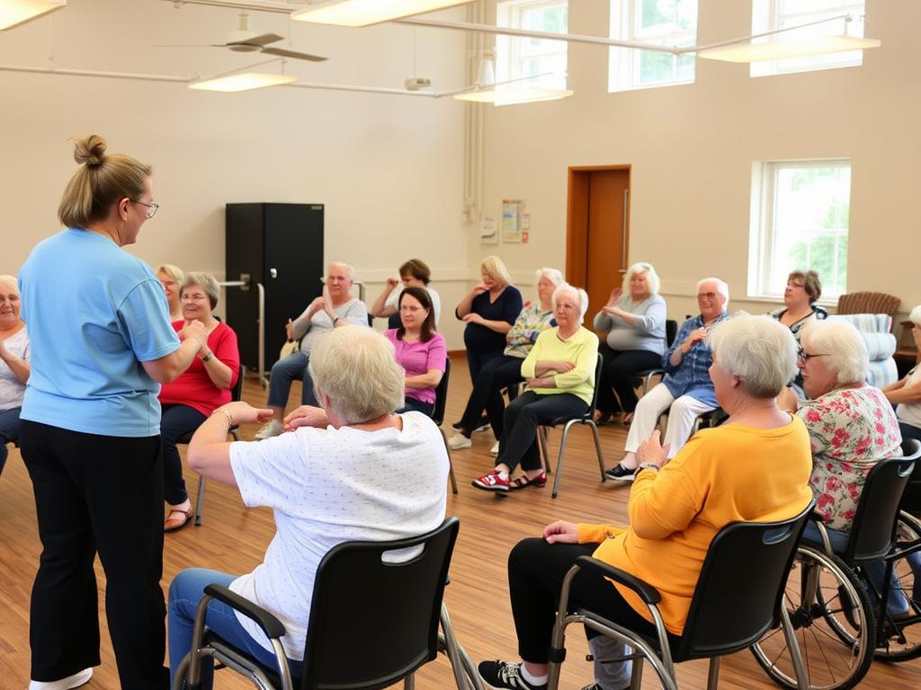 Diverse group fitness class designed for seniors in a community center