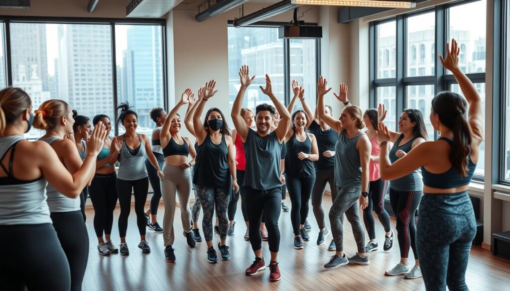 Diverse group of people celebrating after completing a challenging group fitness class in New York City