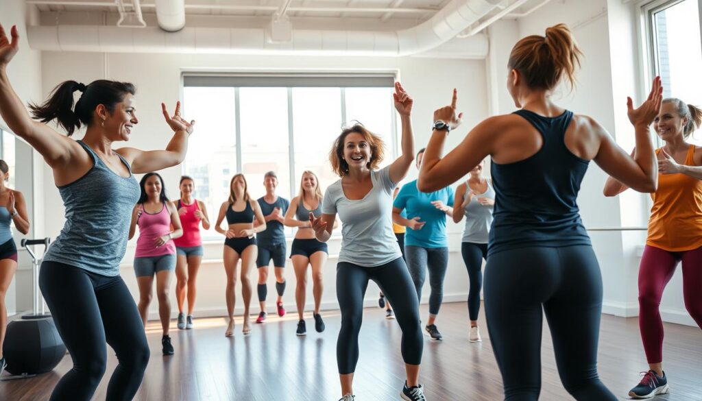 Diverse group of people participating in a high-energy group fitness class in New York City