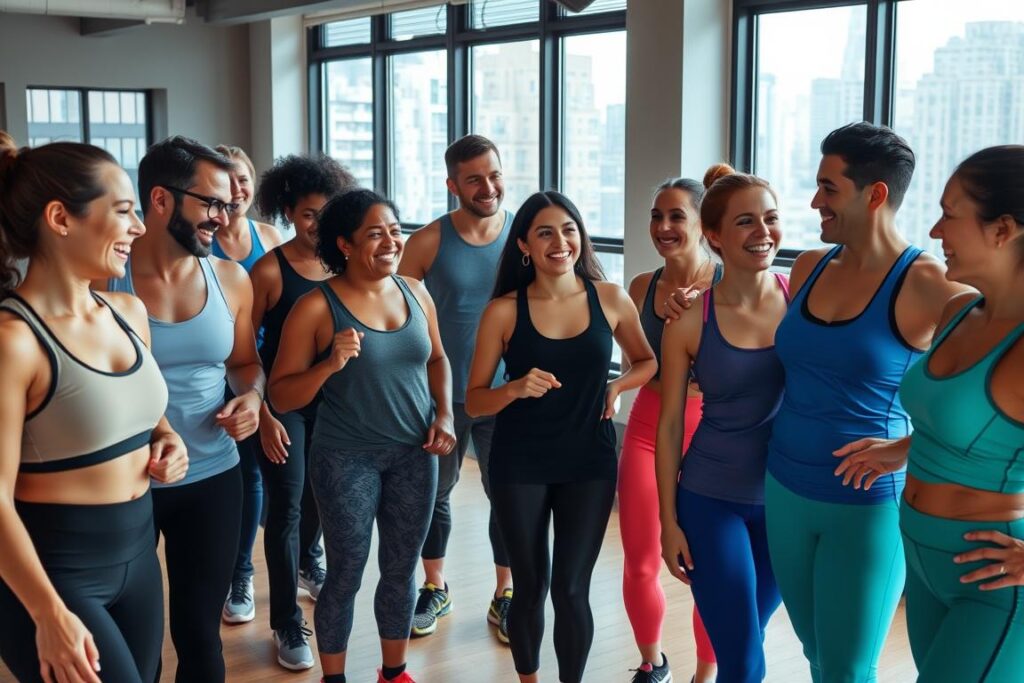 Group of diverse New Yorkers after completing an energetic group fitness class