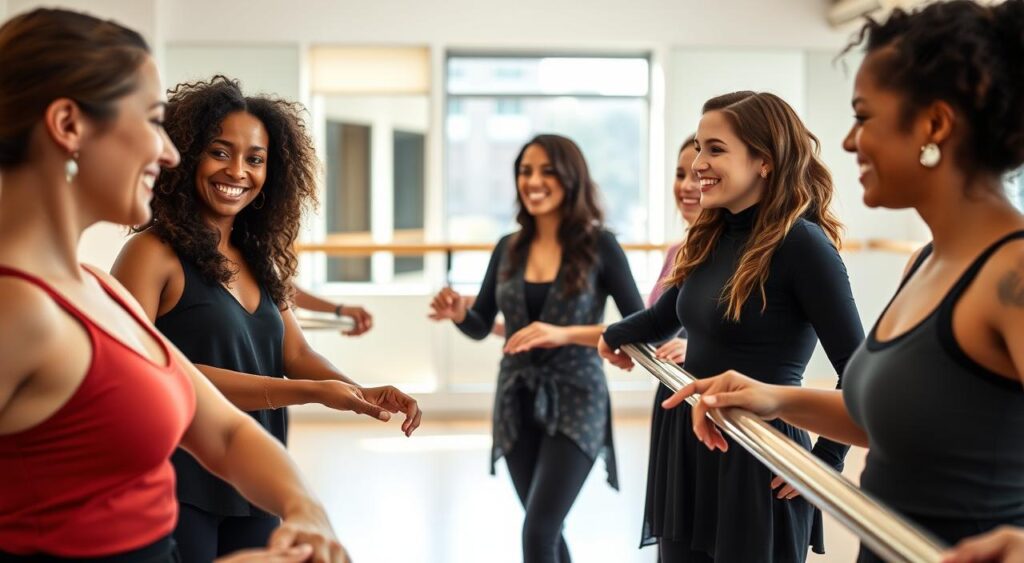 Group of diverse women in a barre class at a New York City studio, showing community spirit