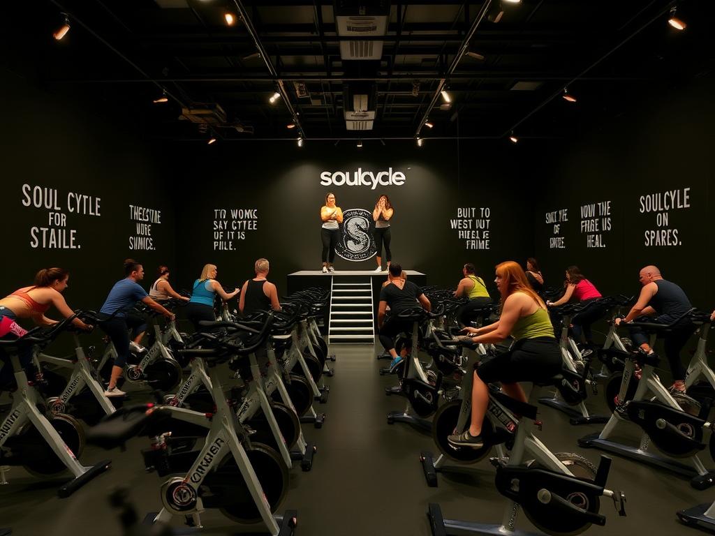 Iconic SoulCycle studio in New York City with rows of stationary bikes and energetic atmosphere