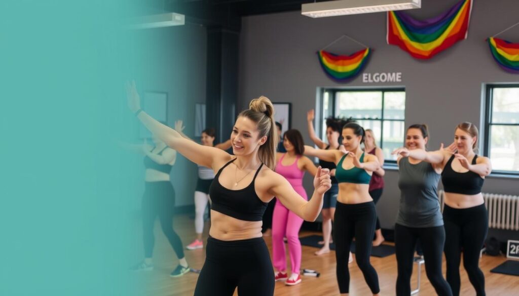 Inclusive LGBTQ+ focused fitness class in a welcoming studio environment