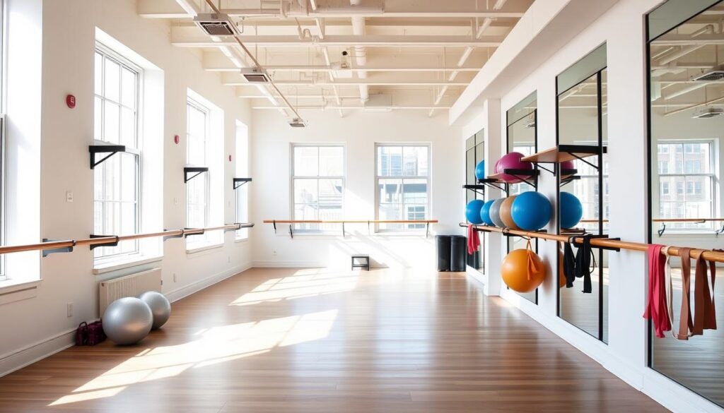 Interior of Pure Barre studio in New York City with ballet barres and exercise equipment