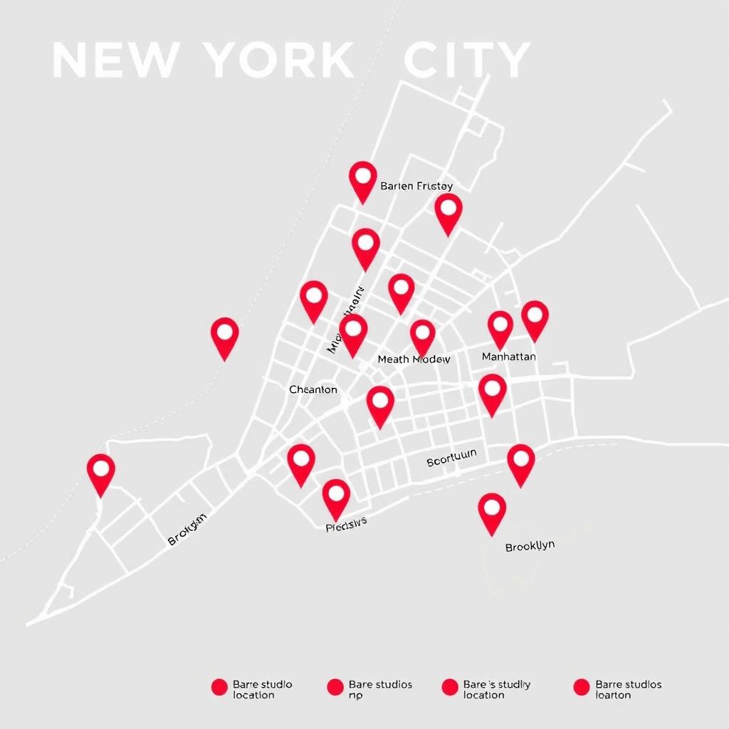 Map showing multiple barre studio locations across Manhattan and Brooklyn
