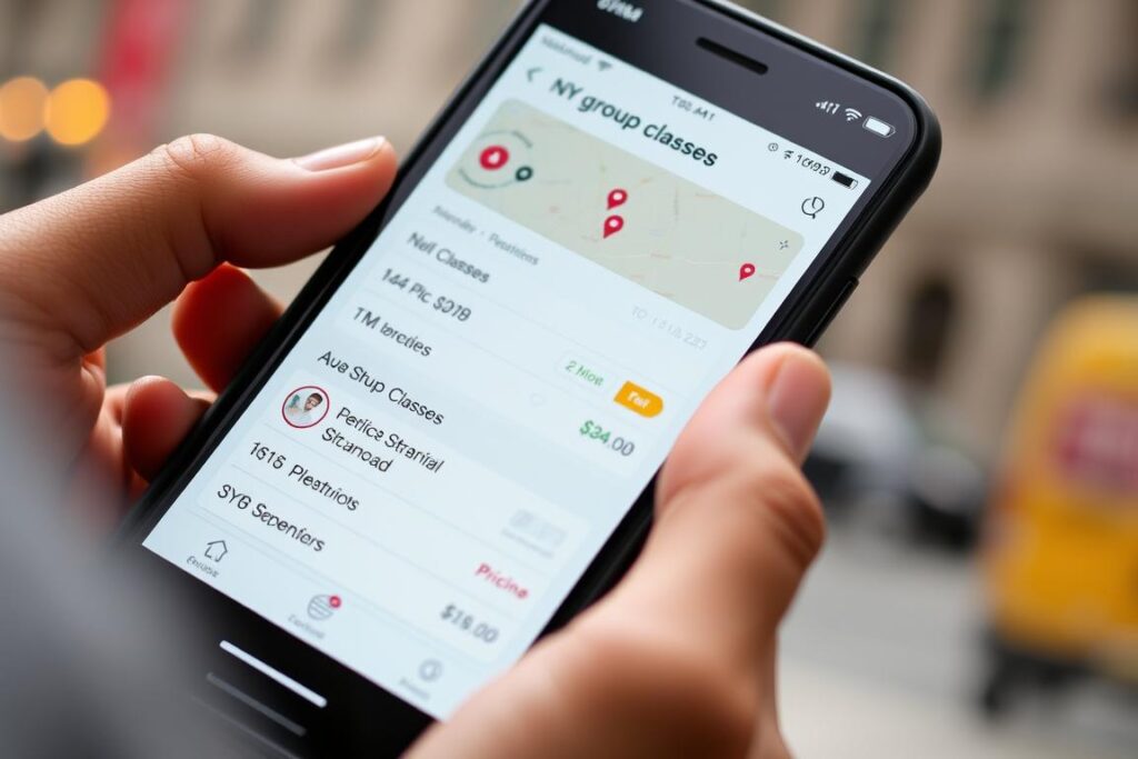 Person using fitness app on smartphone to book group classes in NYC