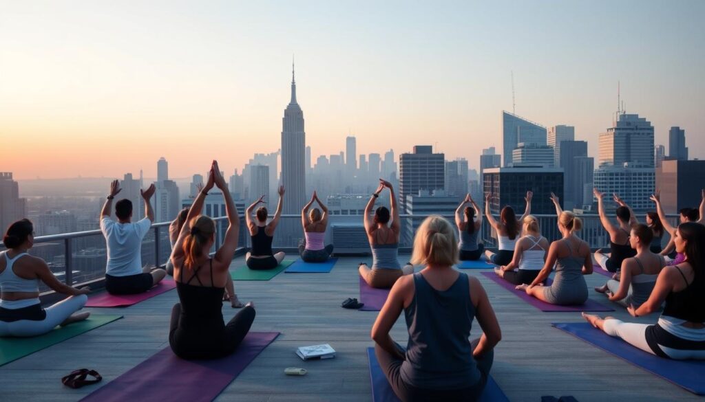 Rooftop yoga class with Manhattan skyline views