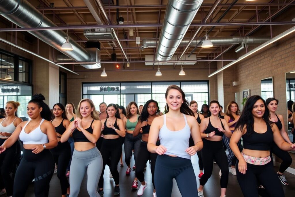 Trendy boutique fitness studio in Manhattan with modern equipment and energetic group fitness class